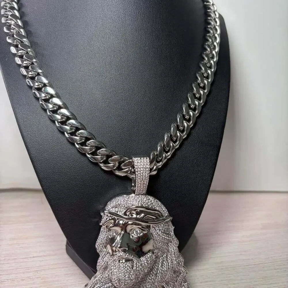 Silver Iced Out Jesus Pendant With Cuban Link 20inch